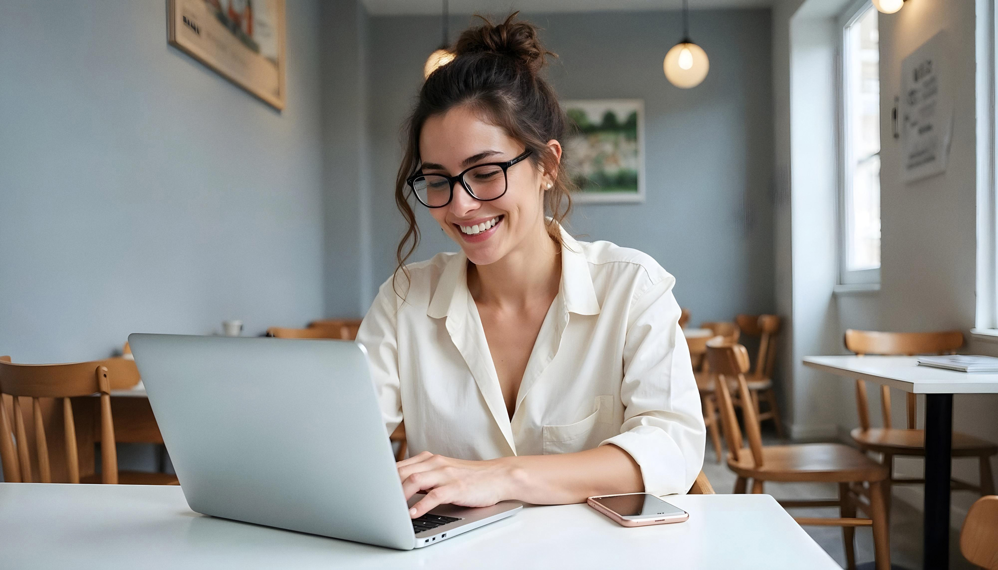 Young woman typing on a laptop in a stylish cafe setting.